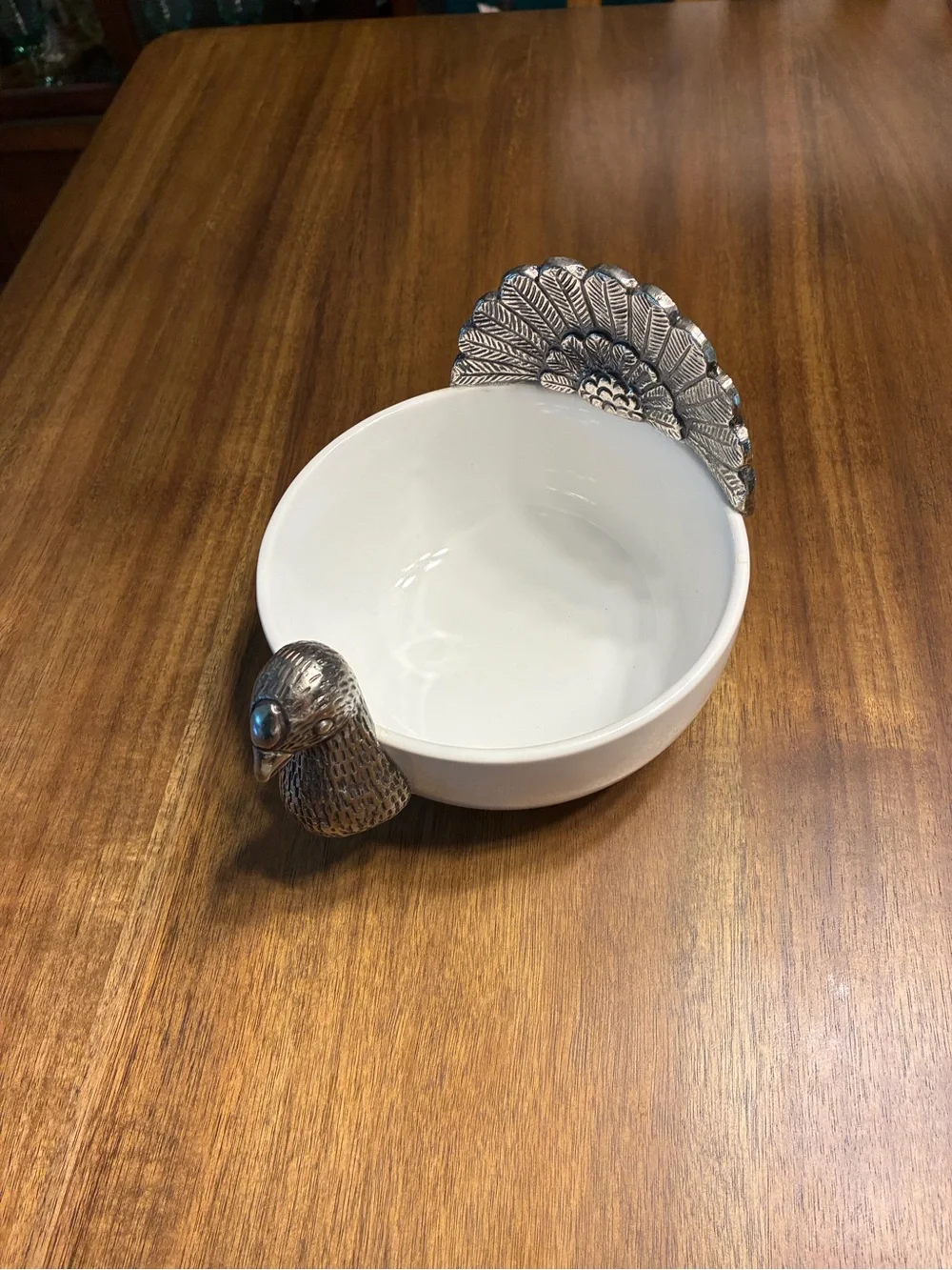 Vintage Pier 1 Ceramic Turkey Serving Bowl with Silver-Tone Accents